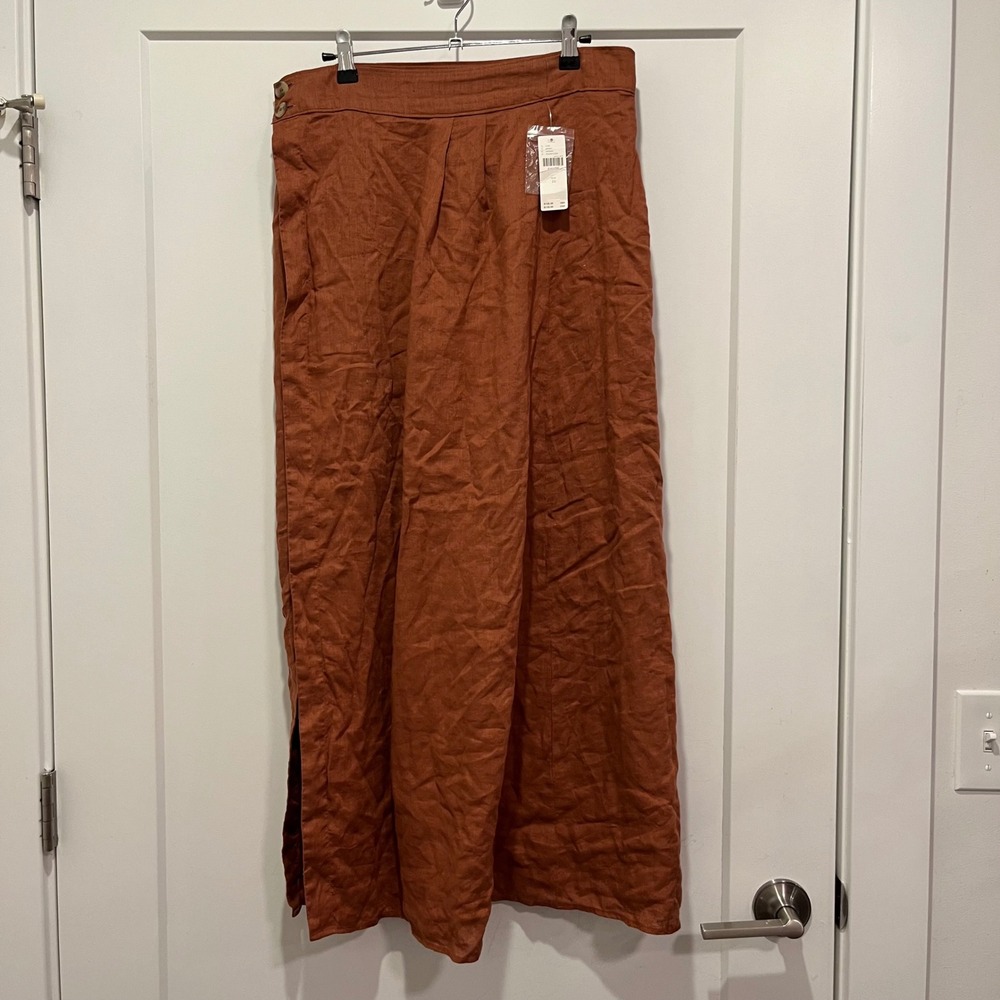 Anthropologie Linen Maxi Skirt Rust Orange Side Button Slit High Waist Sz 10